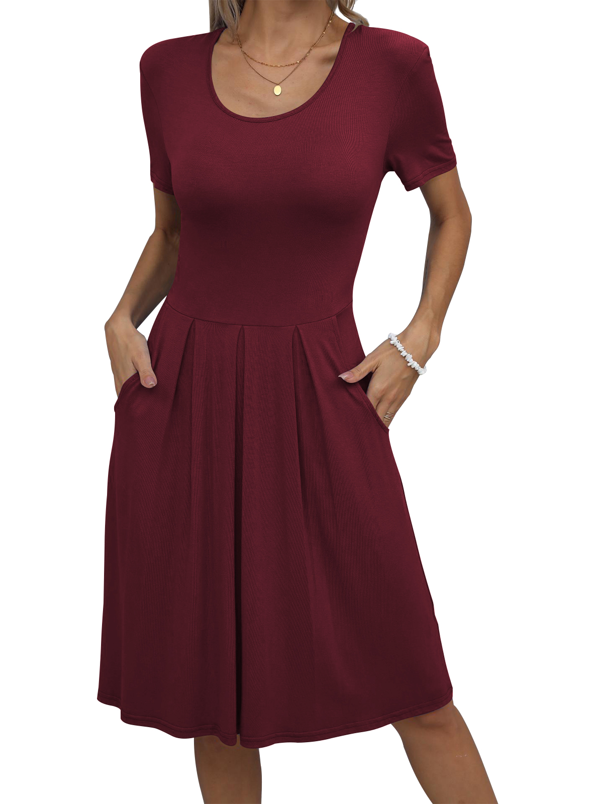 Mengpipi Dresses for Women Summer Casual Crew Neck Loose Flowy with Pockets, Burgundy-S(US 4-6)